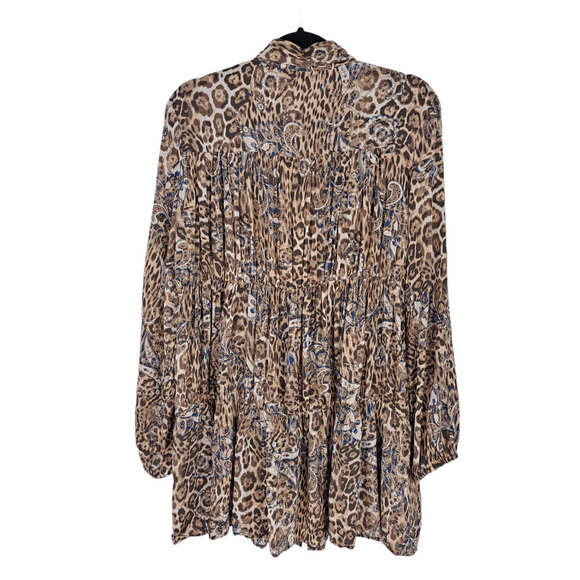 Olivaceous Long Sleeve Mini Dress Tunic Cheetah Print Floral Brown Womens Size S - Picture 2 of 7